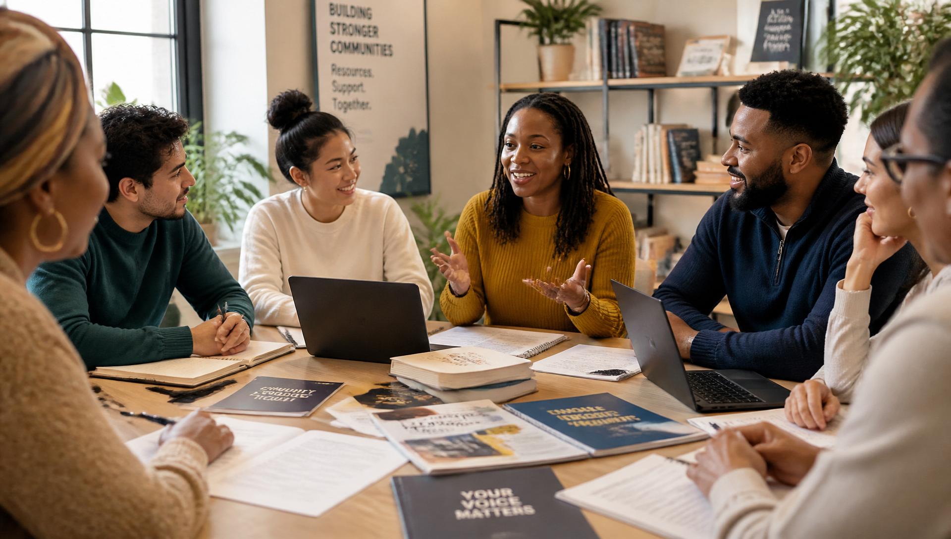 A diverse group of adults learning together around a table with resource guides and notebooks